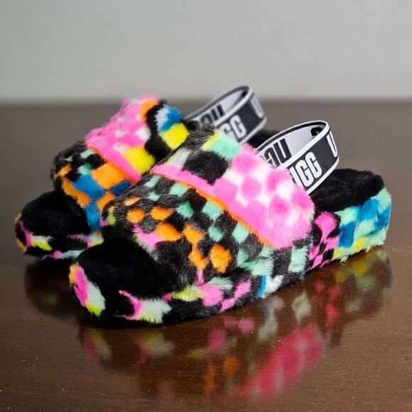UGG Fluff Yeah Slide Sandal Women's Size 6 Checkered Faux Fur Black White Pink - Picture 13 of 13